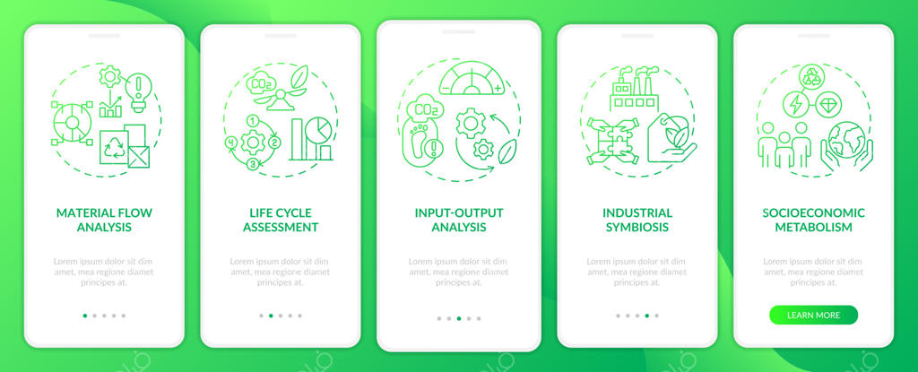 صفحه آنبوردینگ اپلیکیشن موبایل با گرادیان سبز و روش‌های اکولوژی صنعتی؛ صفحات راهنمای ۵ مرحله‌ای با طراحی خطی. قالب آماده رابط و تجربه کاربری (UI/UX).