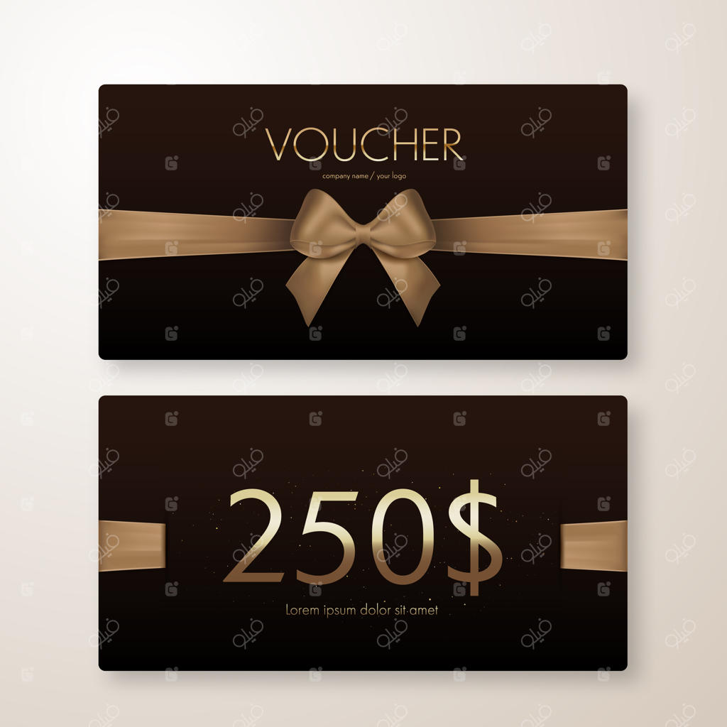 کارت هدیه با روبان طلایی و پاپیون - کوپن تخفیف لوکس، تصویر برداری وکتور