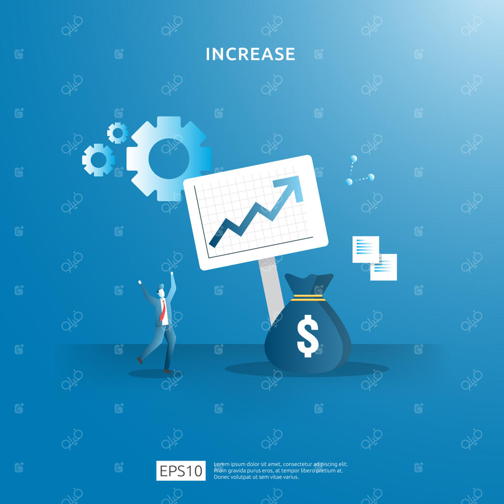 مفهوم افزایش نرخ درآمد با تصویر شخصیت افراد و پیکان. عملکرد مالی و بازگشت سرمایه (ROI). رشد سودآوری کسب‌و‌کار، افزایش فروش و درآمد با نماد دلار.