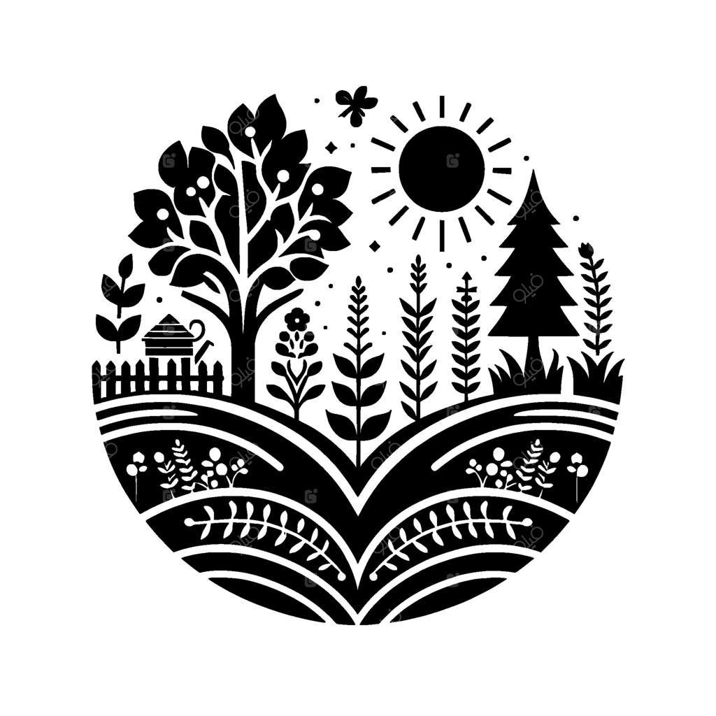 تصویر تک‌رنگ و دایره‌ای از منظره آرام باغ با درخت، خانه و گل‌های متنوع در نور آفتاب و یک پروانه.