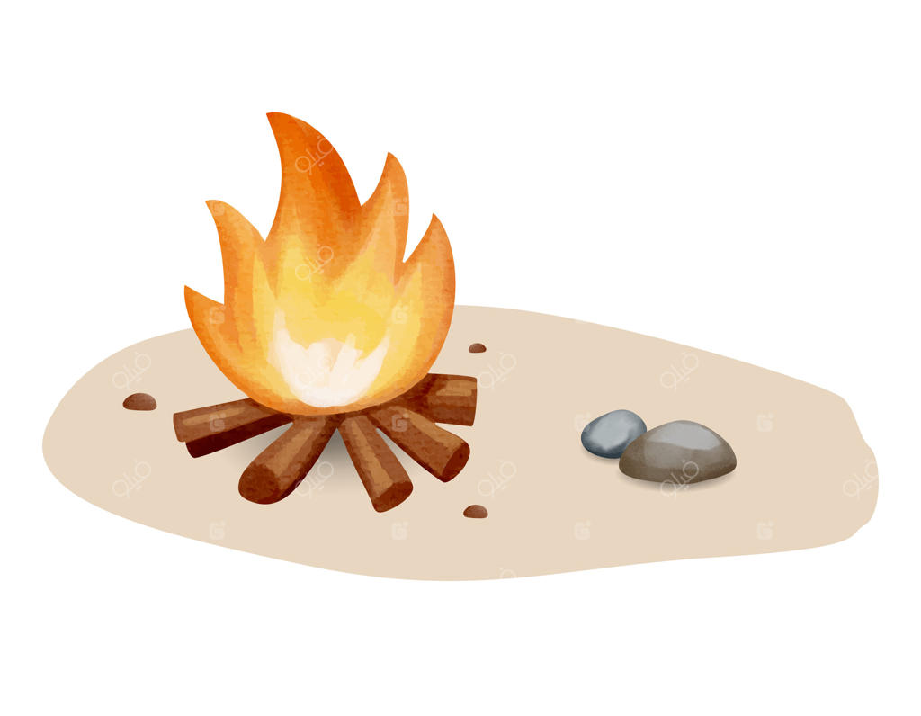 آتش‌سوزی کمپ در جنگل به سبک آبرنگی. شعله‌هایی با رنگ‌های نرم. عنصری عالی برای موضوعات کمپ و جنگل.