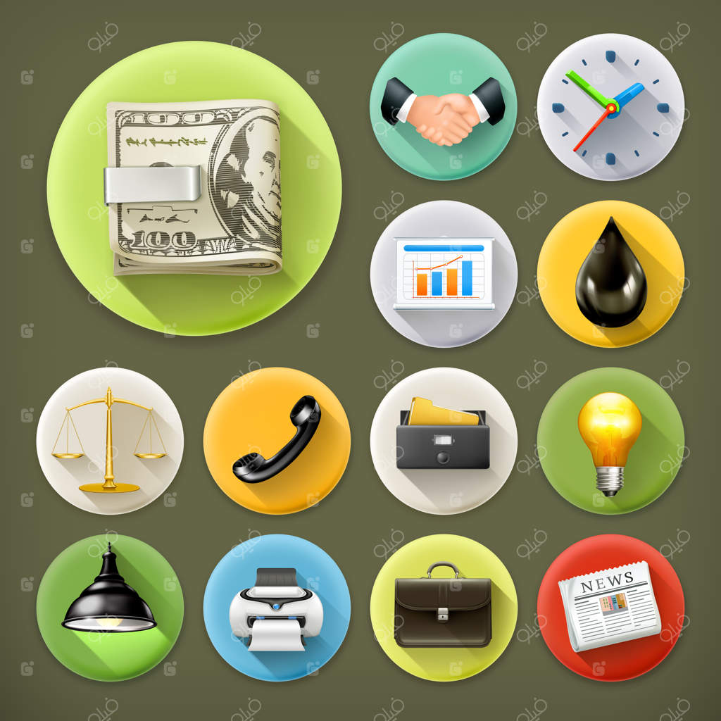 مجموعه آیکون‌های اداری و تجاری با سایه بلند