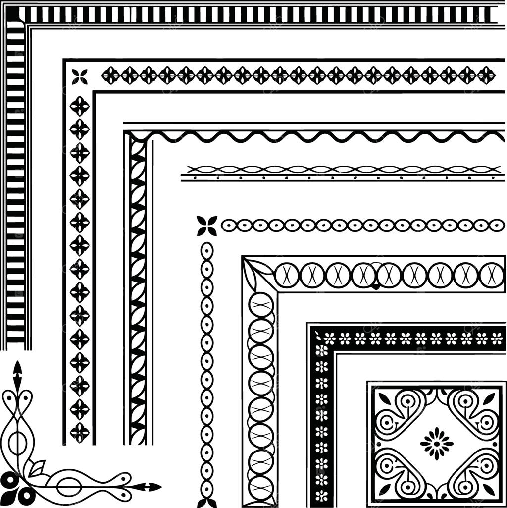عناصر دکوراتیو سیاه و سفید برای حاشیه‌بندی و قاب‌بندی صفحات یا طرح‌ها با پس‌زمینه سفید
