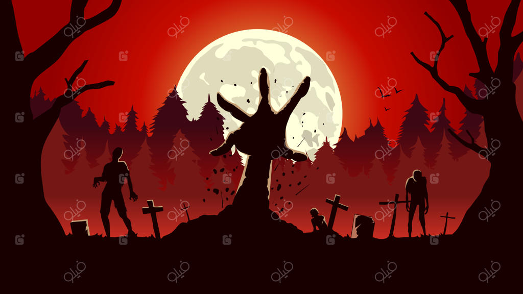 دست زامبی از قبر در شبی با ماه کامل و آسمان سرخ بیرون می‌آید.