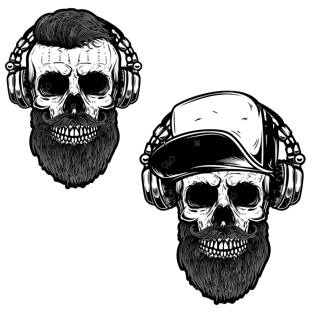 مجموعه‌ای از جمجمه‌های ریش‌دار با هدفون.