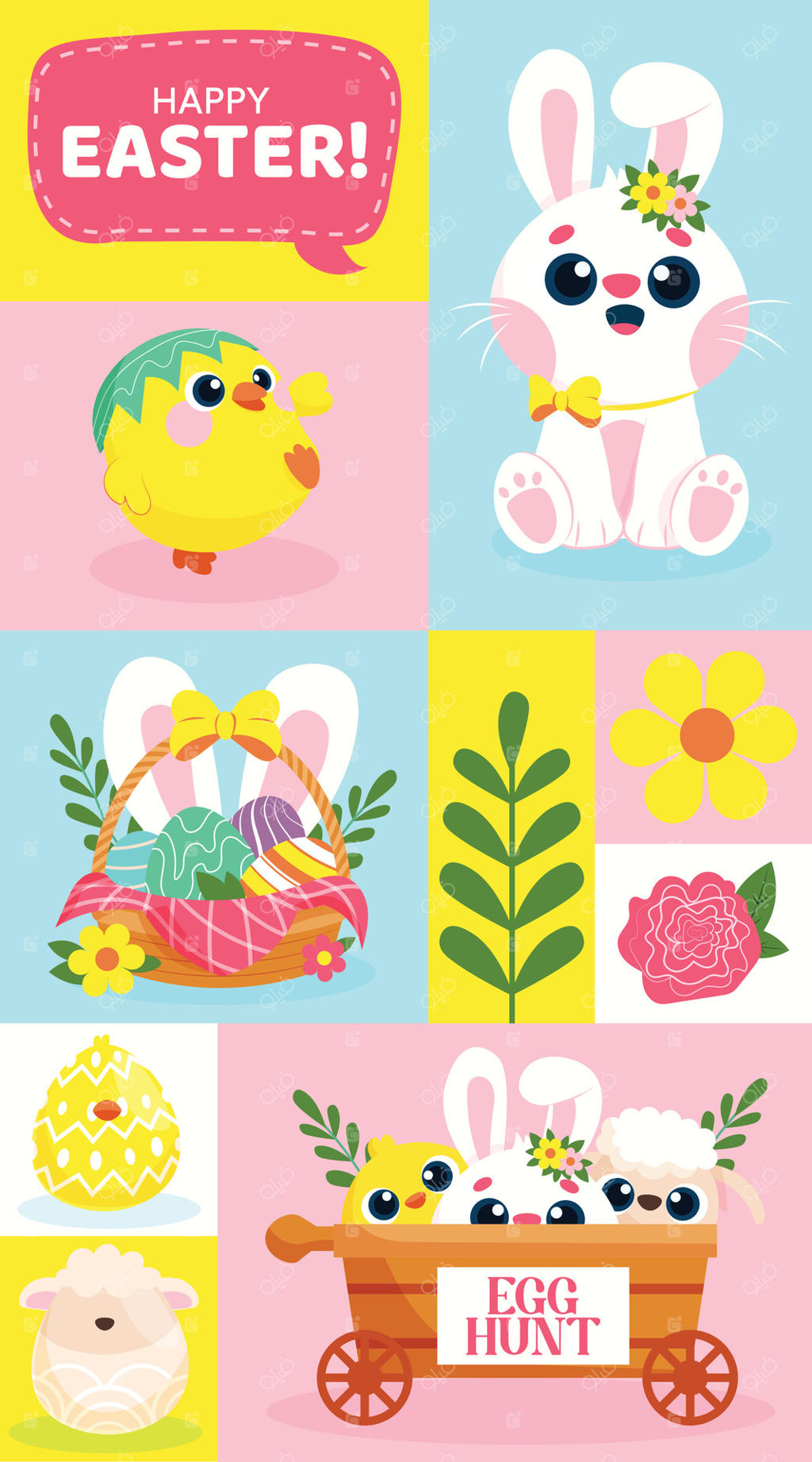 شخصیت‌های بامزه عید پاک و دکوراسیون جشن حرفه‌ای وکتور