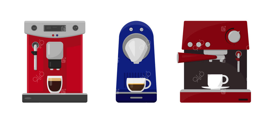 ست قهوه‌سازها و فنجان‌های قهوه روی پس‌زمینه سفید.