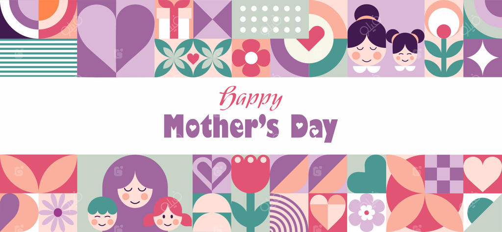 پس‌زمینه موزاییک هندسی انتزاعی روز مادر همراه با مادر و فرزندان، گل‌ها، قلب‌ها و فرم‌های ساده. تصویر مدرن افقی برای بنر و شبکه‌های اجتماعی. سبک سوییسی. هنر نئو ژئو.