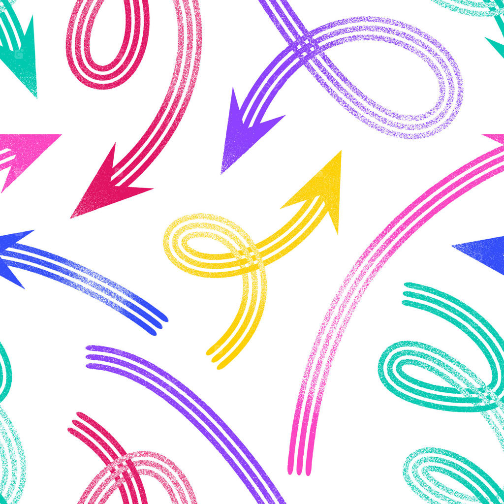 الگوی یکپارچه از فلش‌های رنگارنگ با بافت‌های مختلف که به جهت‌های گوناگون بر روی زمینه سفید اشاره می‌کنند.