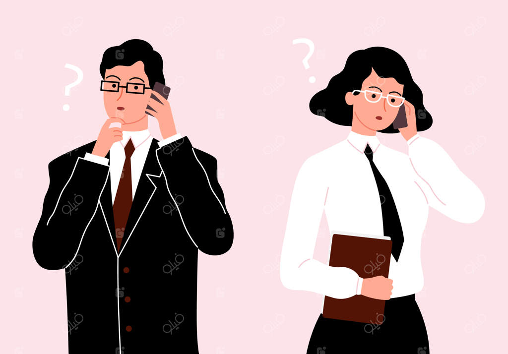 صحبت تلفنی افراد تجاری: یک مرد و زن با لباس‌های کلاسیک در حال مذاکره جدی کاری - تصویر وکتور