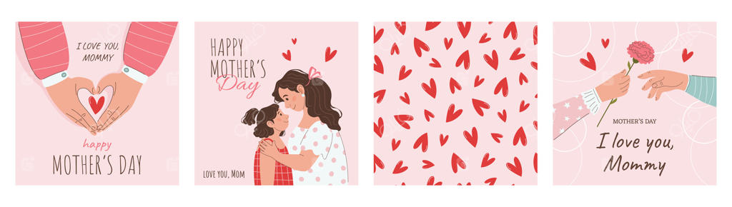 مجموعه‌ای از کارت‌های تبریک مربع جشن، پوسترها و پست‌های شبکه‌های اجتماعی. مفهوم روز مادر مبارک. مادر و دختر، دستان با قلب‌ها و گل میخک، الگوها. تصاویری به سبک ساده.