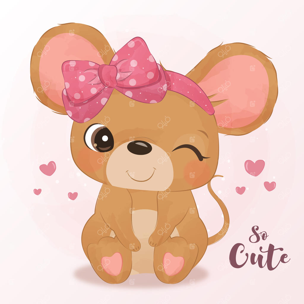 موش‌های کوچولوی بامزه با روبان در تصویرسازی آبرنگی