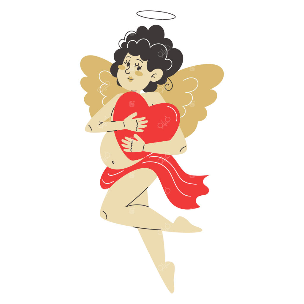 کوپید با مهر و محبت، قلبی سرخ و درخشان را در آغوش می‌کشد.