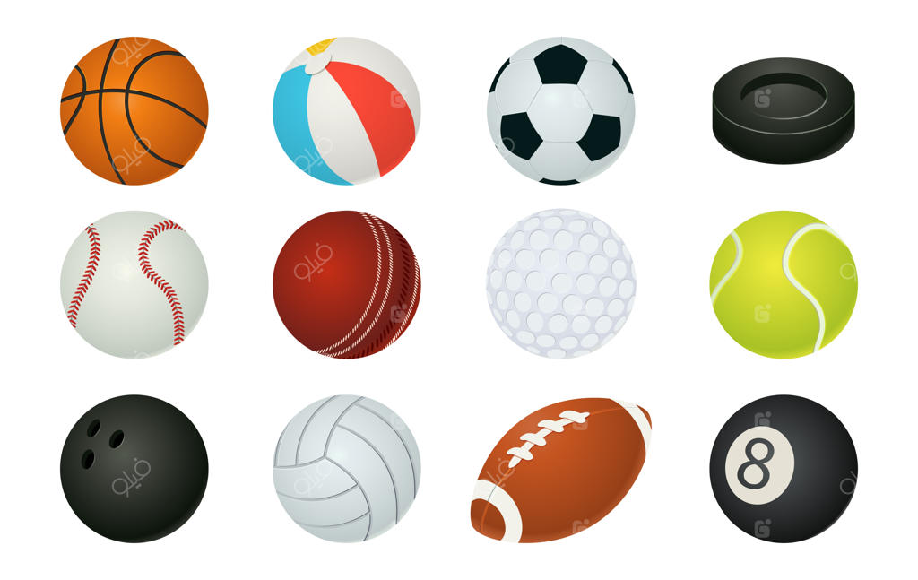 توپ‌های کارتونی ورزشی: مجموعه تجهیزاتی برای بازی بسکتبال، فوتبال، تنیس، بیسبال، هاکی، بولینگ و بیلیارد به‌صورت حرفه‌ای - مجموعه وسایل بازی وکتور