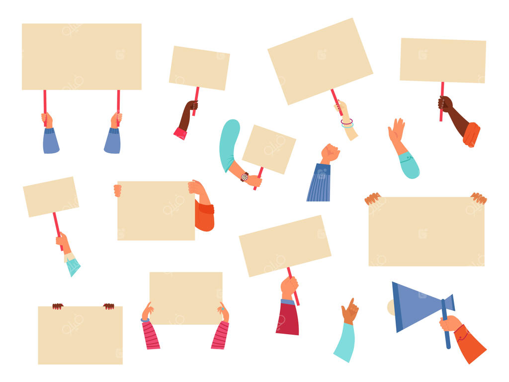 دست‌ها پلاکاردها را نگه می‌دارند: کارگر با بنر خالی اعتراض، نماد صلح، دست با بلندگو - پوسترهای شیک و وکتوری تظاهرات