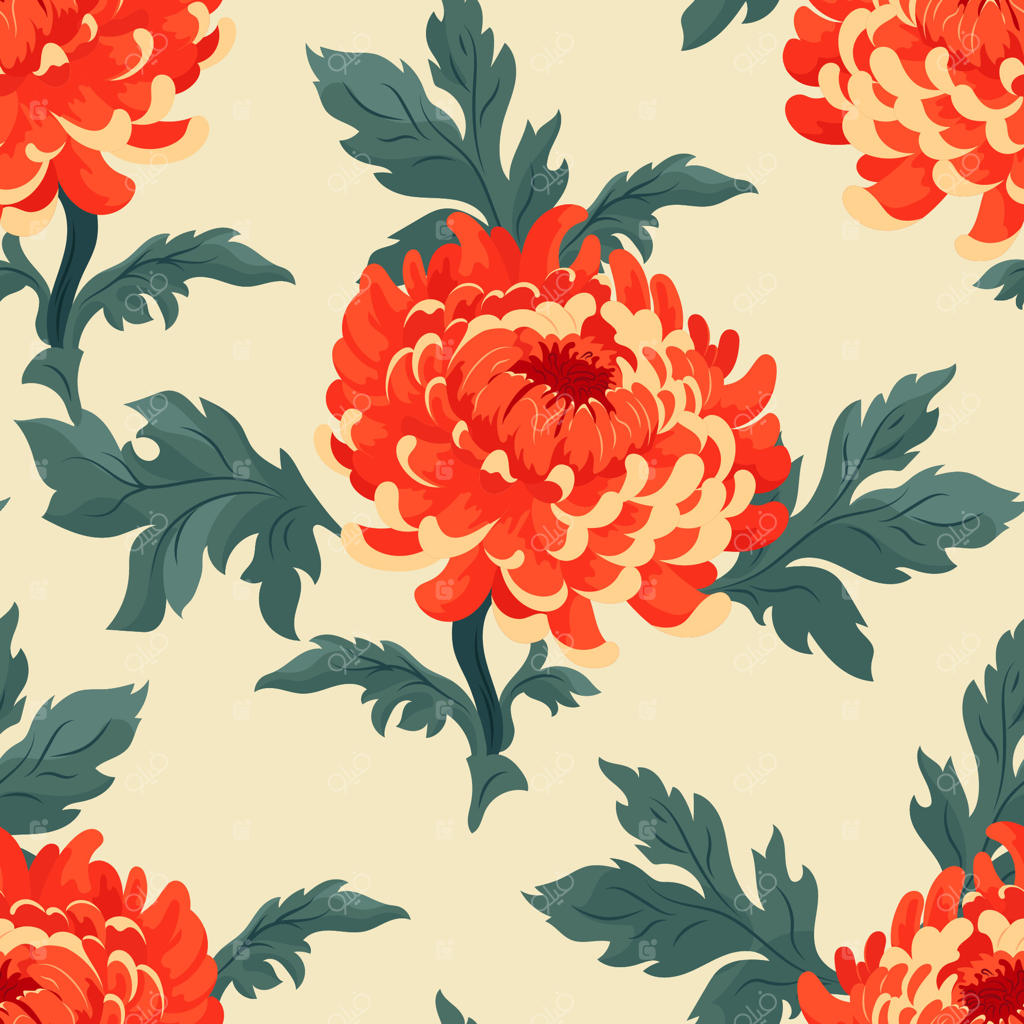 طرح بی‌نقص گل داوودی تابستانی روی پس‌زمینه‌ی پاستلی - گل‌های قرمز پاییزی باغ، بافت مدرن دست‌کشیده زیبا؛ کاغذ دیواری ساده برای کادوپیچی، چاپ پارچه، دعوت‌نامه و جلدها