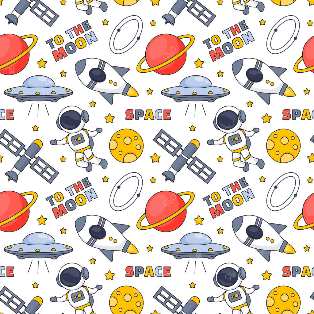 پترن یکپارچه راکت‌ها و سیارات به سبک تخت برای پس‌زمینه‌های فضایی
