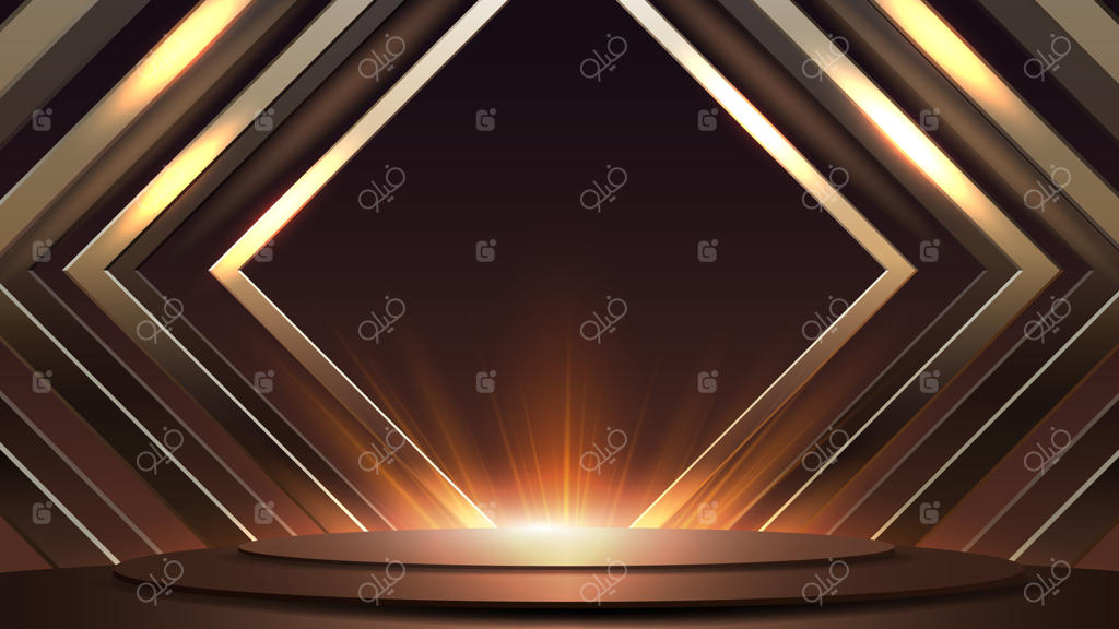 پس‌زمینه‌ای انتزاعی و زیبا با سکوهای طلایی و اشکال هندسی، نورهای درخشنده و طراحی باشکوه برای مراسم اهدای جوایز.