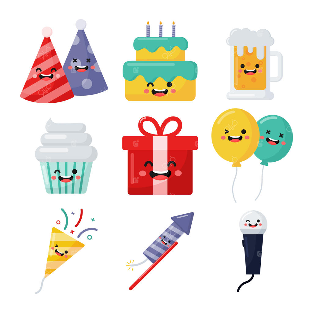 مجموعه‌ای از آیکون‌های بامزه تولد.