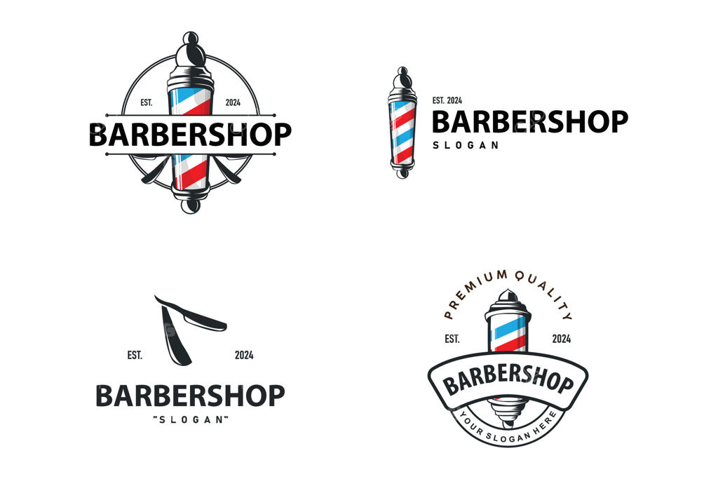 طراحی لوگوی آرایشگاه: قیچی سلمانی و مجموعه قدیمی با طرح رترو و تایپوگرافی وینتیج