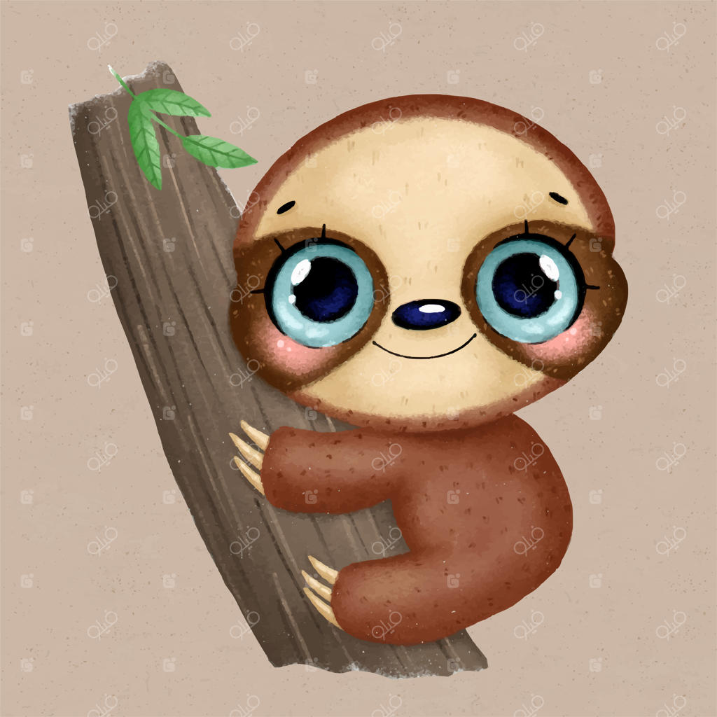 تصویر یک بچه تنبل کارتونی بامزه با چشم‌های درشت روی درخت