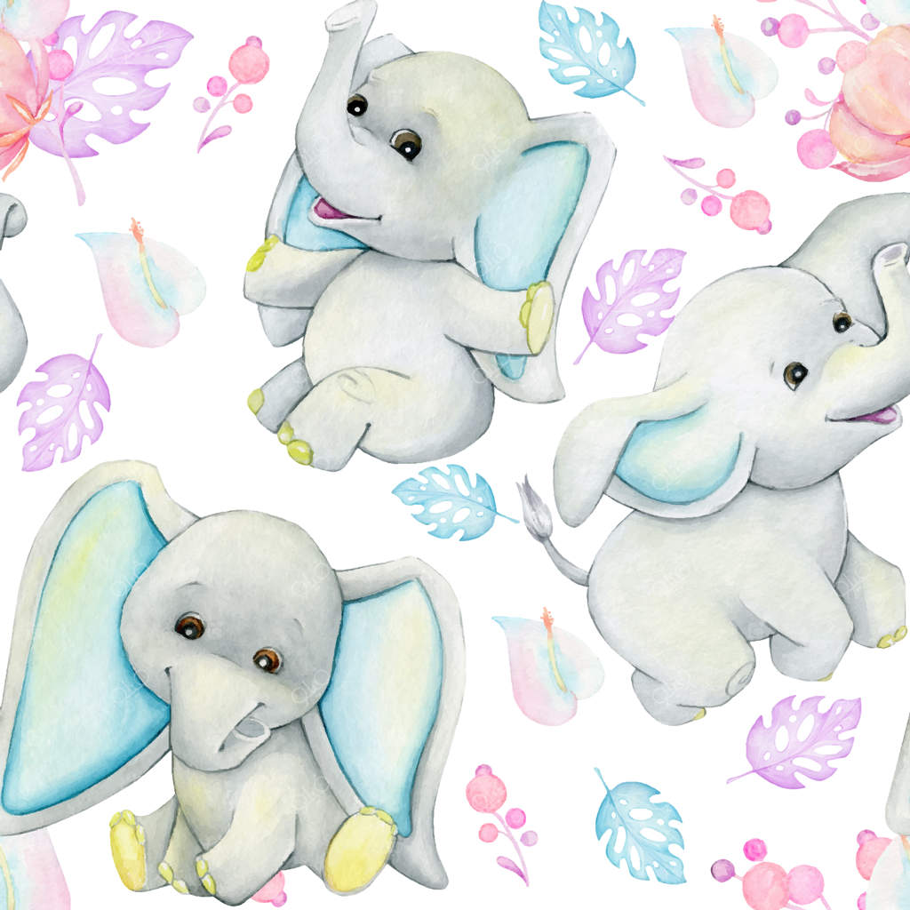 فیل‌ها و برگ‌ها: پترن آبرنگی یکپارچه روی زمینه‌ای جدا شده