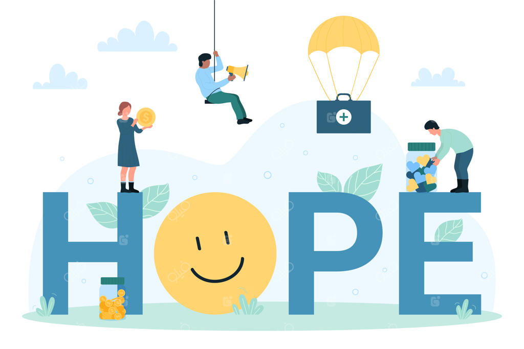 بنر مفهومی امید؛ داوطلبان کوچک در حال حمل شیشه پر از قلب و پول و بلندگو