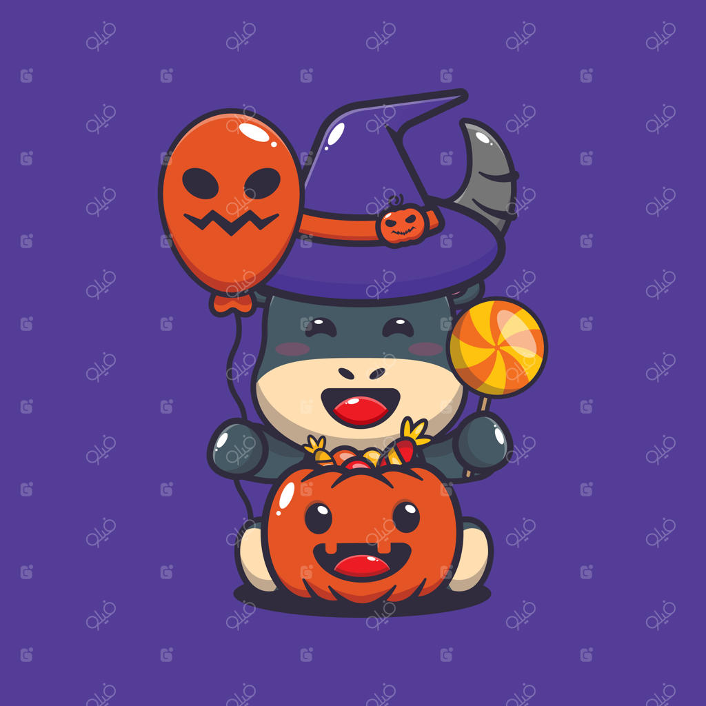 گاو جادوگر بانمک با بادکنک و آبنبات هالووین. نقاشی فانتزی هالووین.