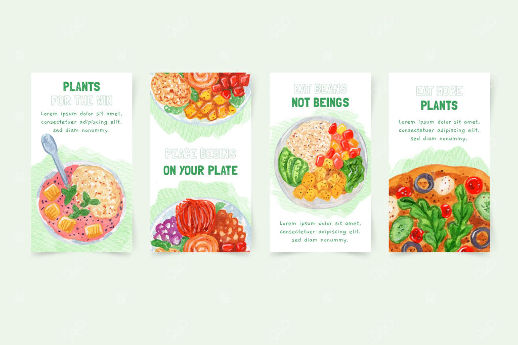استوری‌های اینستاگرام غذاهای گیاهی با طرح آبرنگی