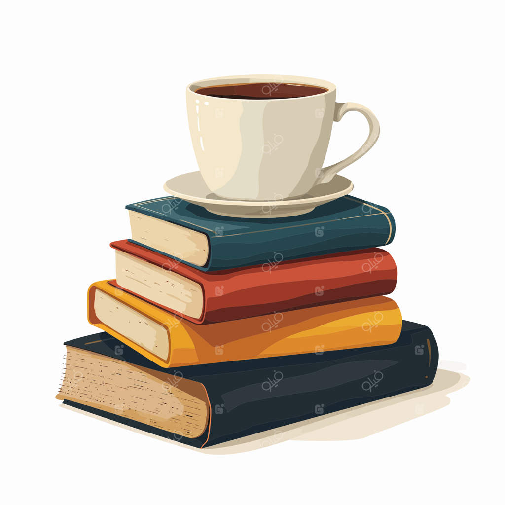 پشته‌ای از کتاب‌ها با فنجان قهوه در بالا