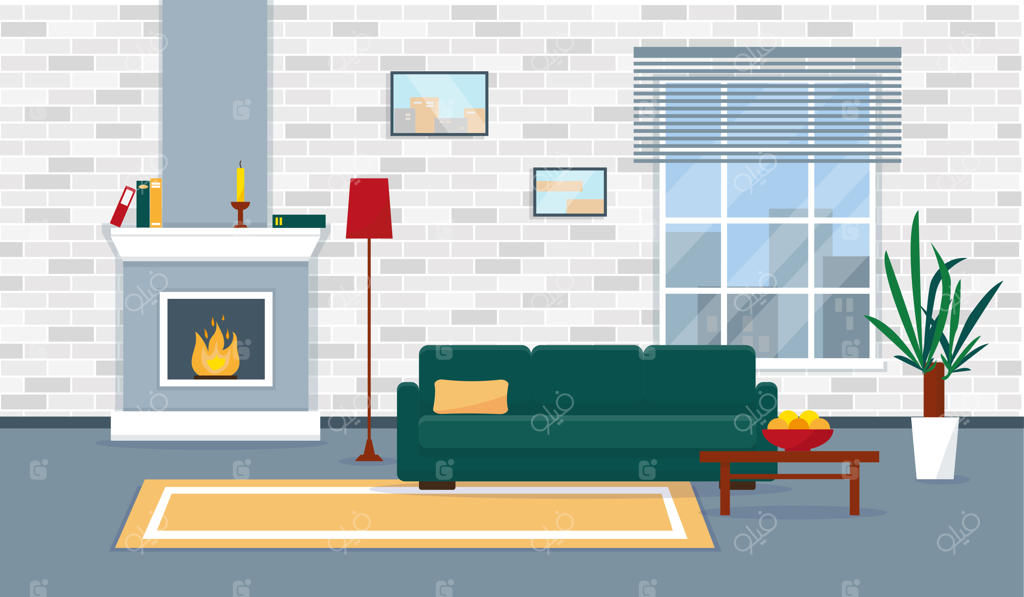 اتاق نشیمن با شومینه به سبک مدرن. آپارتمانی با پنجره و مبلمان. تصویرسازی داخلی.