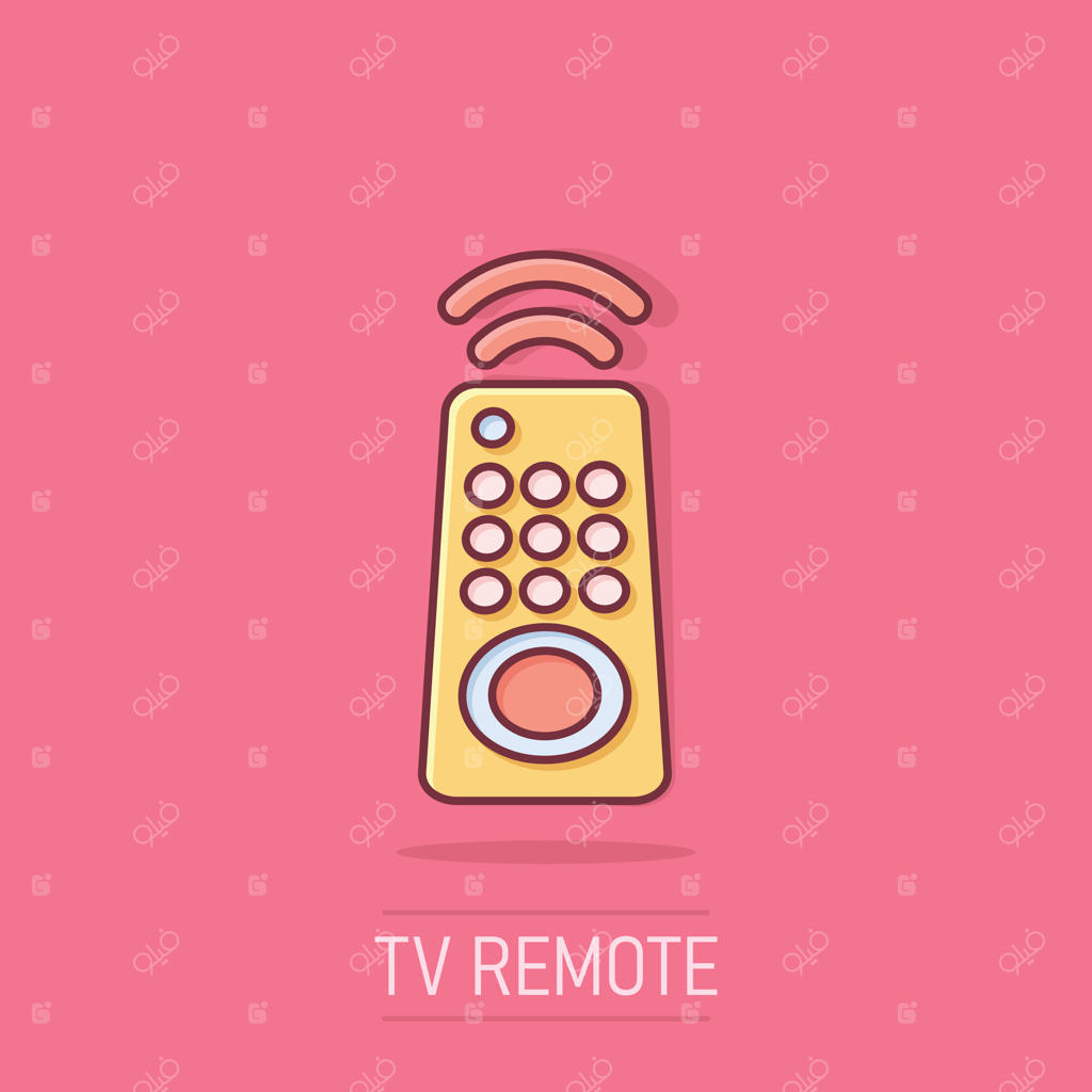 آیکون کنترل تلویزیون به سبک کمیک. تصویرسازی کارتونی تلویزیون در پس‌زمینه سفید. مفهوم کسب‌وکار با جلوه‌ای از پخش.