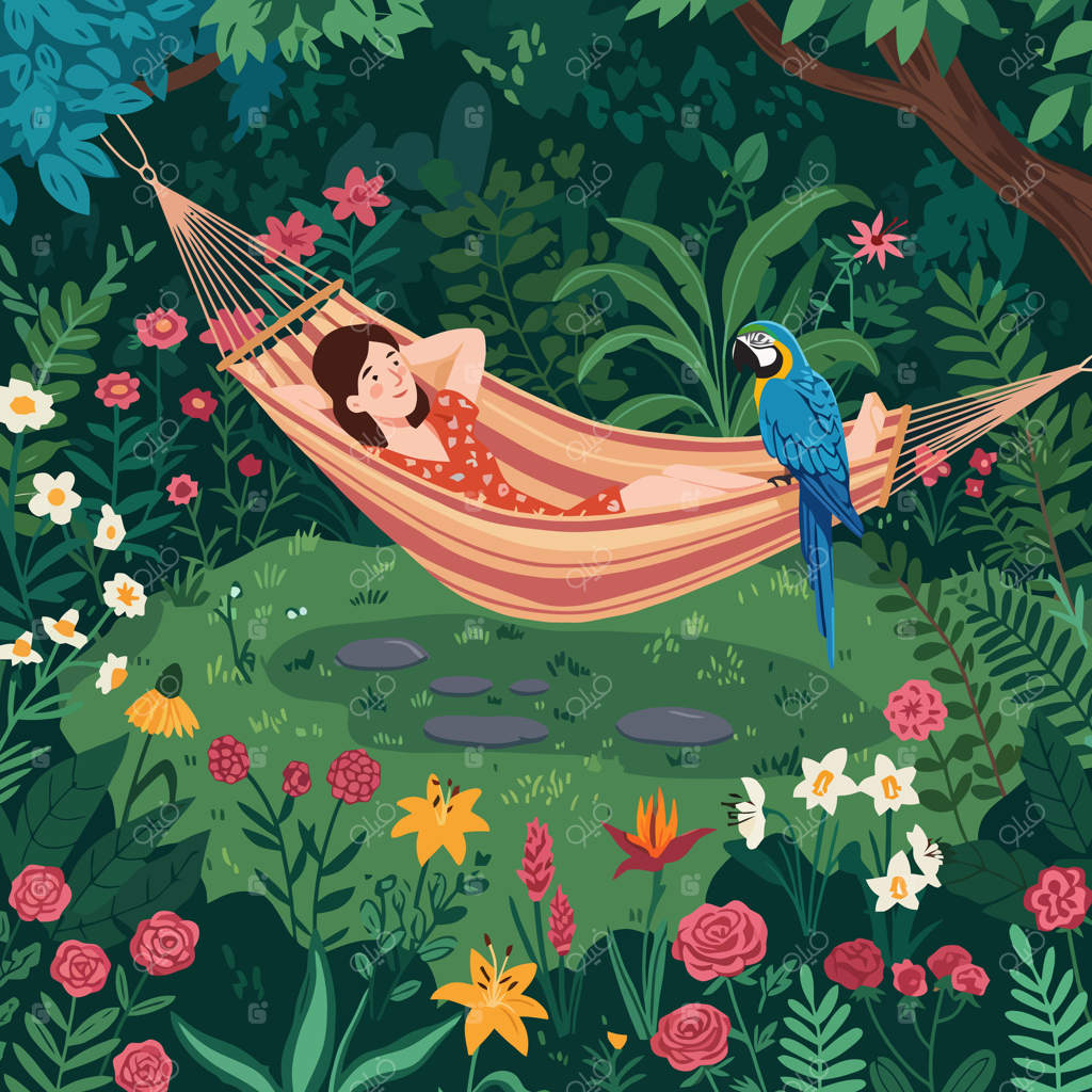 زنی در حال استراحت در ننو با طوطی در باغی سرسبز