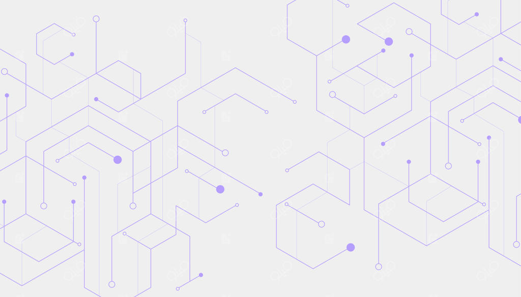 پس‌زمینه انتزاعی و هندسی با طرح شش‌ضلعی و اتصال خطوط و نقاط بنفش؛ با مفهوم فناوری و داده‌های دیجیتال