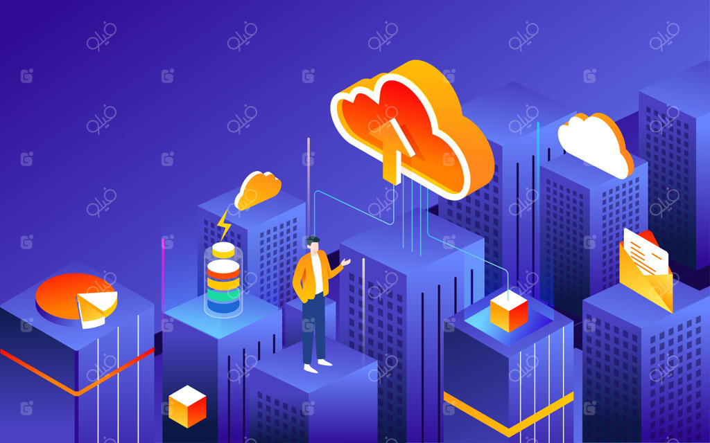 امنیت شبکه اینترنت در ابرها بر فراز ساختمان‌ها - تصویر ایزومتریک وکتور