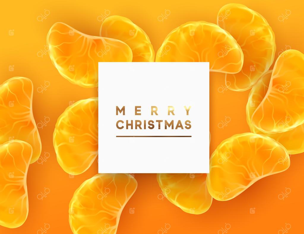 کارت کریسمس مبارک با پس زمینه نارنجی همراه با تکه‌های پرتقال و نارنگی پراکنده