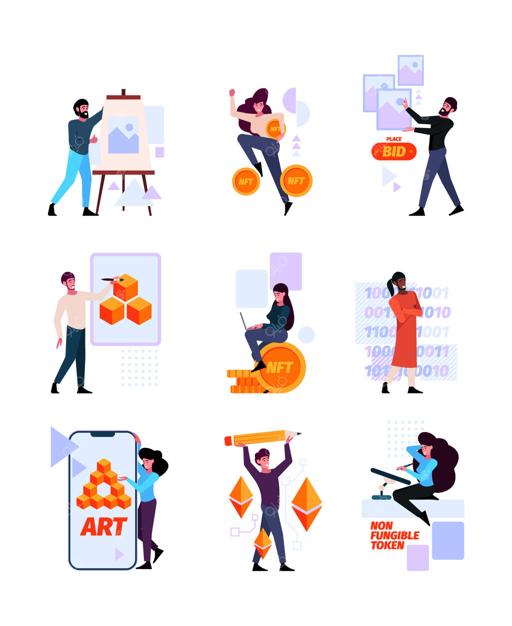 نقاشی‌های کریپتو: آثار NFT در بلاکچین، هنرمندان خلاق و گالری جهانی دیجیتال با عکس، ویدئو و هنر پیکسلی، کلکسیون ویژوال وکتور و فلت