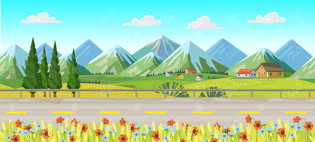 پس‌زمینه یکپارچه: جاده‌ای که از میان گل‌ها، چمن‌زارها و کوه‌های تابستانی عبور می‌کند. Panorama سبز تابستانی