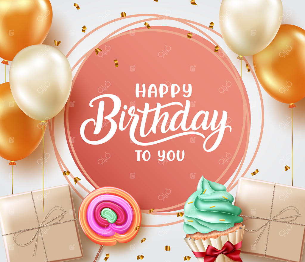 طراحی قالب وکتور تبریک تولد: متن "تولدت مبارک" در کادر دایره‌ای با بادکنک و هدیه‌ها.