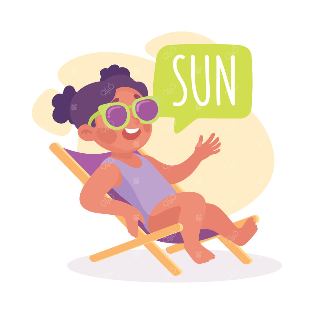 تصویرسازی دختر در حال آفتاب گرفتن روی صندلی راحتی برای آموزش افعال و نمایش واژگان فعالیت‌ها توسط کودک