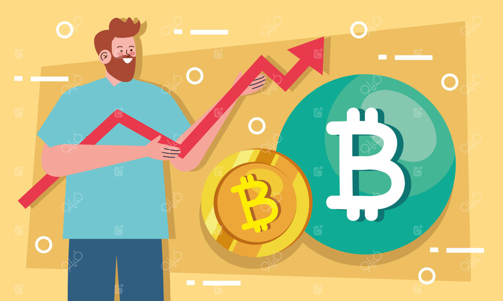 مرد و بیت‌کوین با فلش رو به بالا