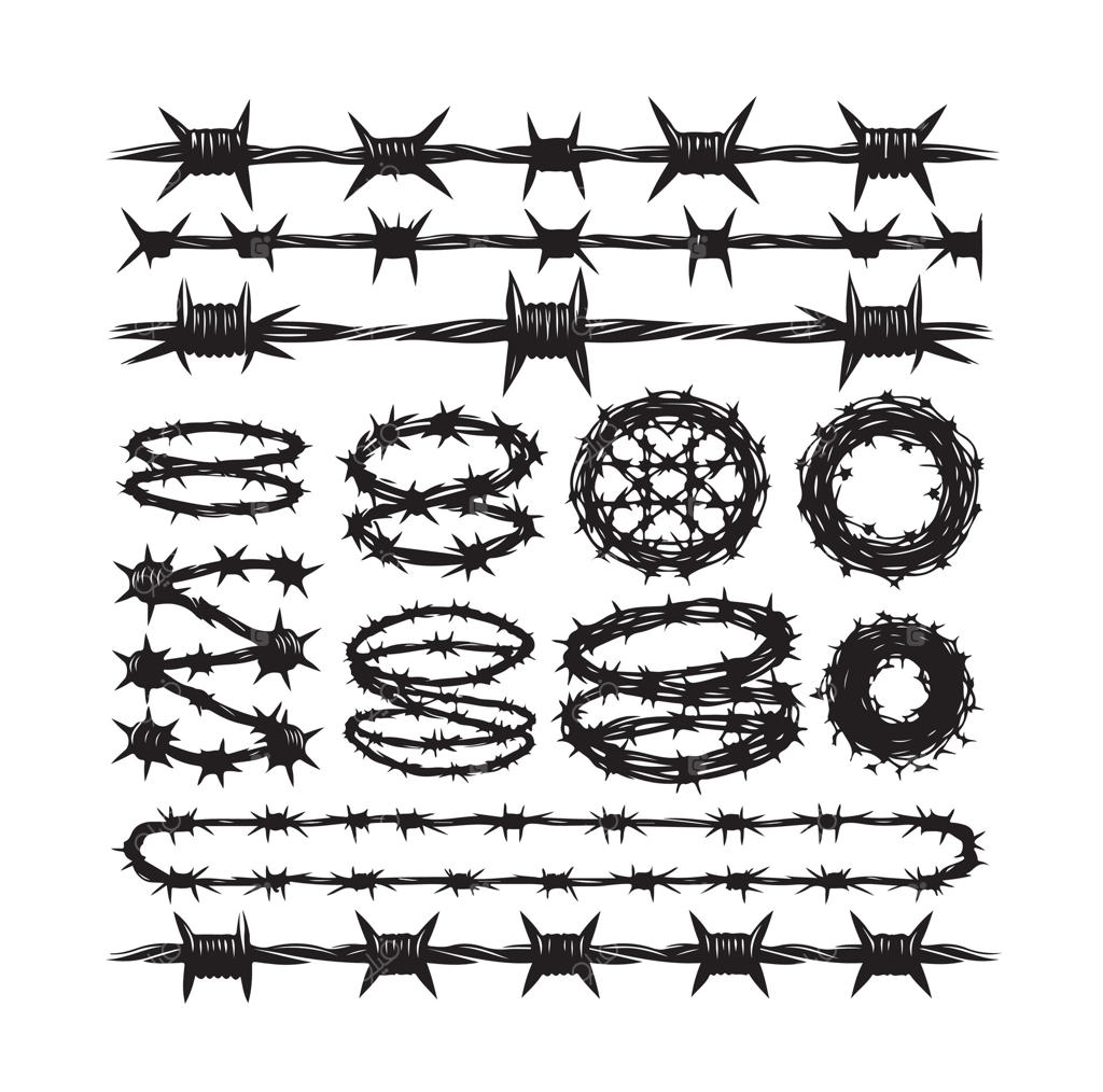 مجموعه سیم خاردار روی زمینه سفید جدا شده. سیم تیغ‌دار با سبک مینیمال و هندسی مدرن. مجموعه نرده‌های سخت‌گیرانه زندان. تصویرسازی قابل استفاده در طراحی وب‌سایت.