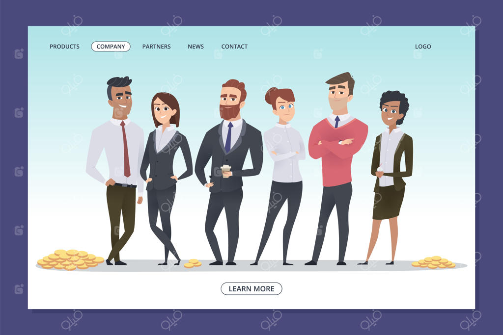 تیم موفق کسب و کار: قالب صفحه وب همکاری. تیم کسب‌وکار و سکه‌ها: سرمایه‌گذاری در کار تیمی