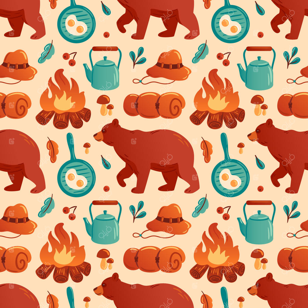 تصویر خیالی: طرح کمپینگ جذاب با خرس‌ها، آتش کمپ، وسایل آشپزی و عناصر طبیعی. ایده‌آل برای پروژه‌های با تم فضای باز و طراحی‌های ماجراجویانه.