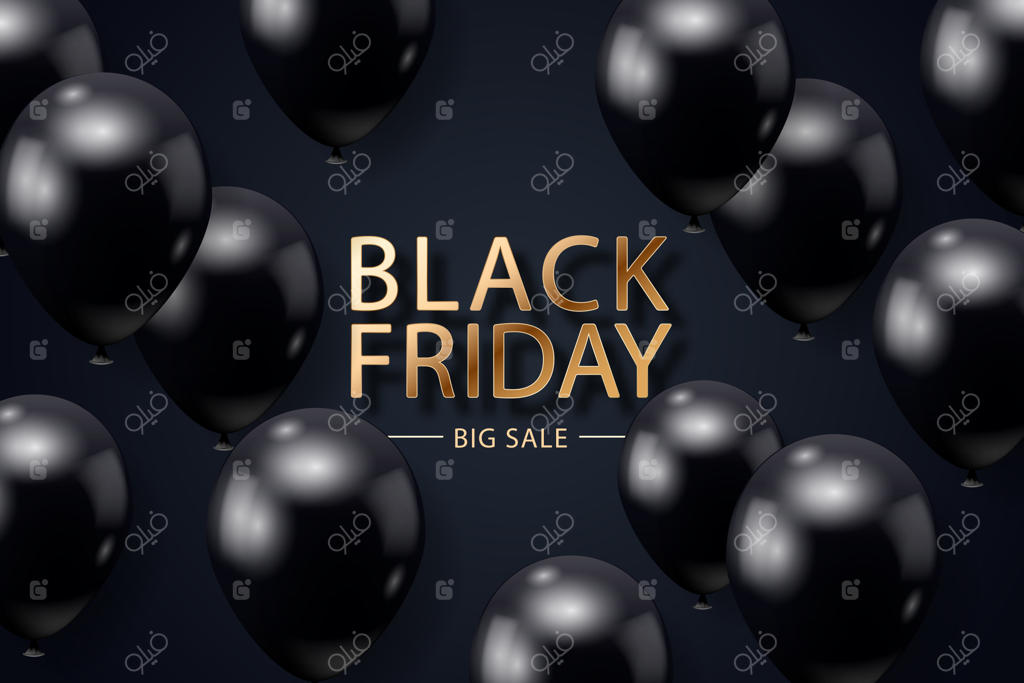 پوستر فروش ویژه بلک فرایدی با بالن‌های واقعی روی پس‌زمینه‌ مشکی