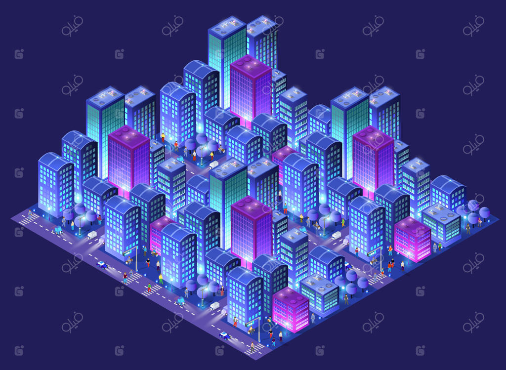 طرح وکتور حرفه‌ای نمای شهری ایزومتریک و رنگارنگ