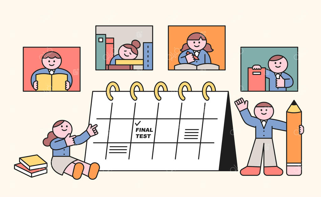 دانش‌آموزان بامزه در حال مطالعه هستند. دو دانش‌آموز در کنار یک تقویم بزرگ یادداشت‌برداری می‌کنند.