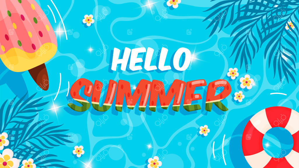 سلام تابستان: پس‌زمینه‌ی استخر با طرح وکتور و نوشته هندوانه‌ای سبک