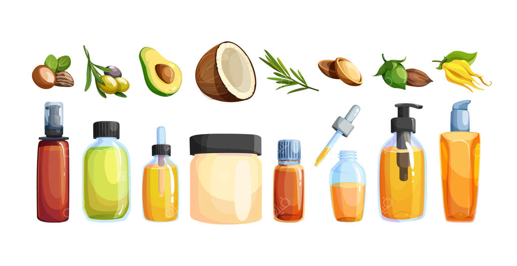 مجموعه بطری‌های کارتونی حاوی روغن‌های اساسی و لوازم آرایشی. آیکون ترکیبات آرایشی