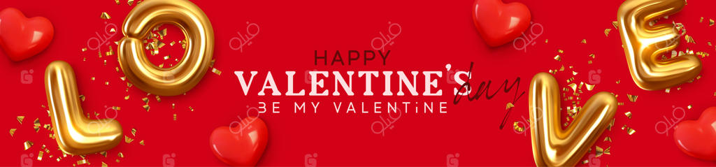 بنر روز ولنتاین: طراحی بک‌گراند تعطیلات با متن فلزی طلایی و واقعی "عشق" به همراه قلب‌های قرمز تزئینی. هدر افقی رمانتیک برای قالب وب‌سایت. نمای بالا. تصویر برداری.